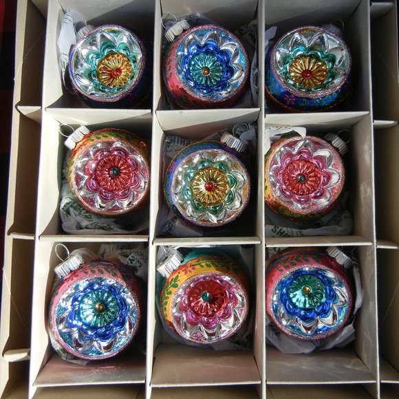 Radko Shiny Brite Cc Decorated Rounds Deep Reflectors - 9 Glass Ornaments - Picture 1 of 6